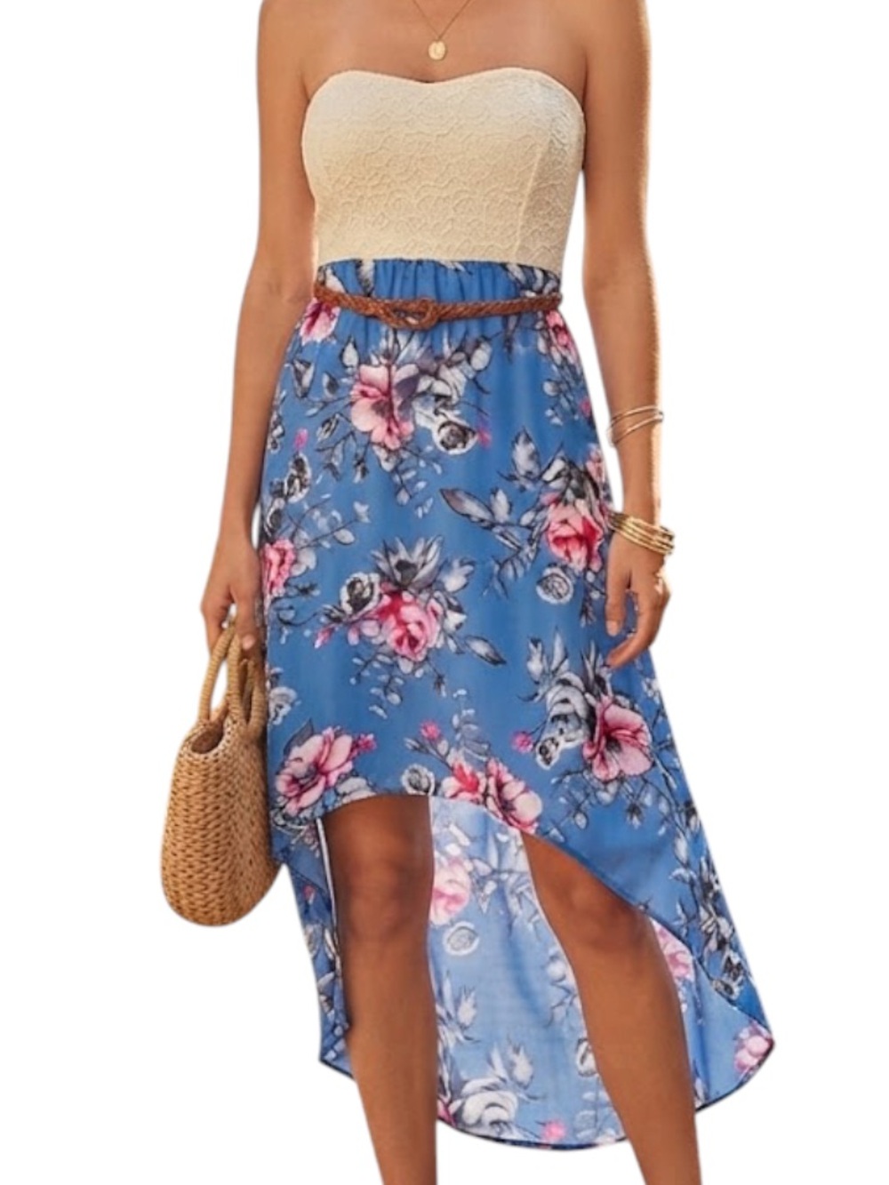 ARDENE Cottagecore Y2K Bohemian Floral Hi Lo Fit Dress Lace Front Belted Blue S